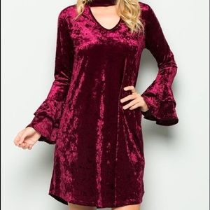 Burgundy Double Ruffle Long Sleeve Mini Dress